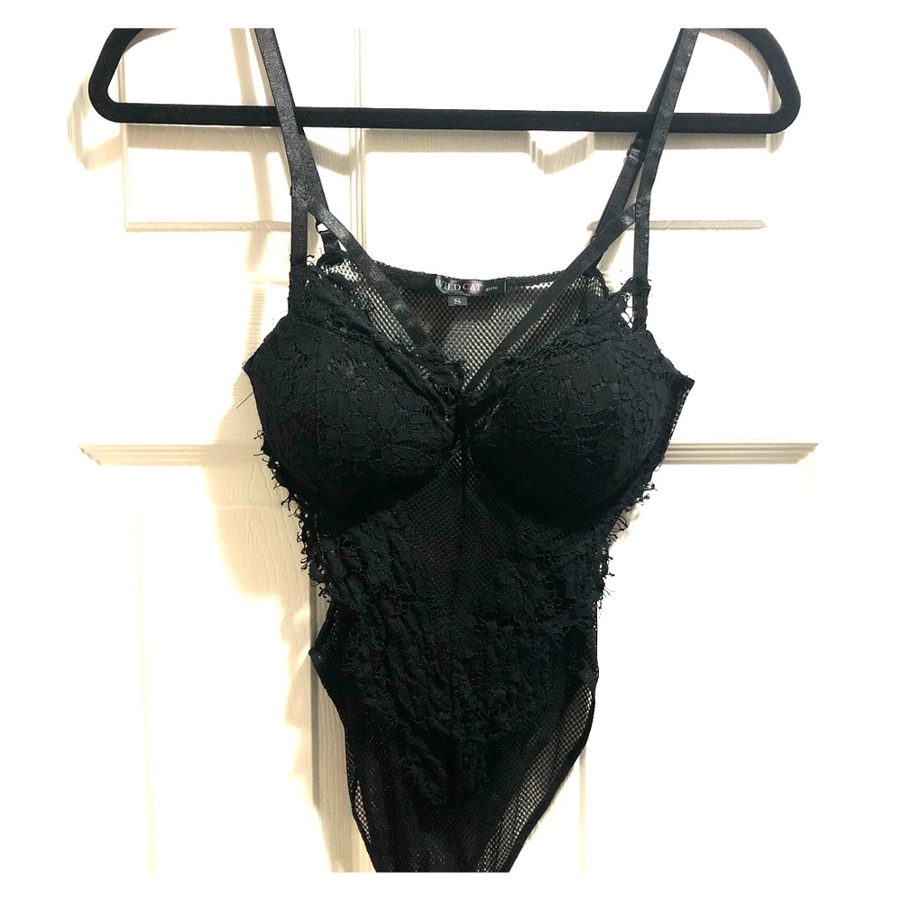 Mesh and lace black bodysuit